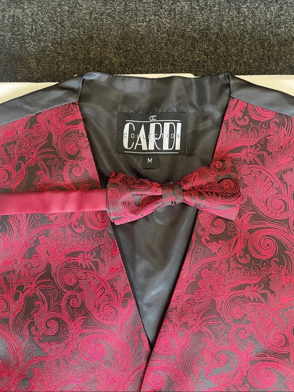 Cardi Men's Apple Red Paisley Tuxedo Vest with Matching Bow Tie